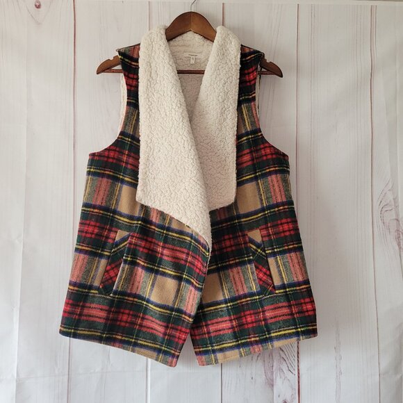Maurices Plaid Sherpa Lined Open Front Vest, Women’s L, Wool Blend Flannel EUC - Picture 1 of 6